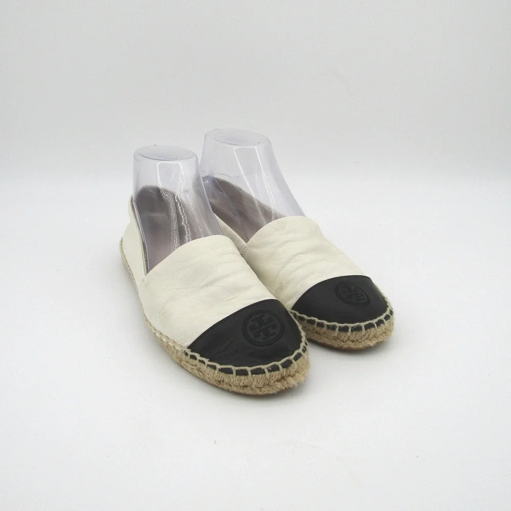 Tory Burch Womens Leather Cap Toe Espadrille Flats Cream Black Logo 8M 51158649